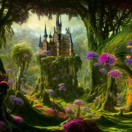 Image similar to a beautiful and highly detailed matte painting of a beautiful castle in a magical fantasy forest garden, psychedelic flowers and trees, colorful vegetation, epic scale, insanely complex, hyperdetailed, sharp focus, hyperrealism, artstation, cgsociety, 8 k, bright colors, by caspar friedrich, albert bierstadt, james gurney, brian froud,