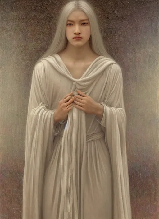 Image similar to thin young beautiful angel with silver hair so long, pale!, wearing white robes!, wearing silver hair, golden goddess, young adorable korean face, silver hair!!, oil on canvas, style of jean delville, 4 k resolution, aesthetic!,