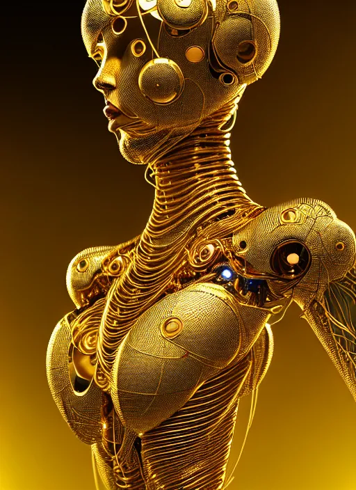 Image similar to portrait of an absurdly beautiful, graceful, sophisticated, fashionable futuristic female golden mechanoid with sections of skin showing, glowing internal light, hyperdetailed illustration by irakli nadar and alexandre ferra, intricate linework, faberge, intricate gold linework, dark atmosphere, unreal engine 5 highly rendered, global illumination, radiant light, detailed and intricate environment