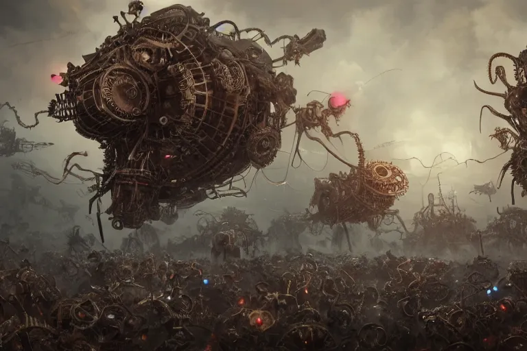 Image similar to steampunk army fighting a horde of crazy killer cyborg lovecraftian creatures, 3d scene, render, ultra realistic, zenith view, Greg Rutkowski, artstation, cgsociety, unreal engine, ray tracing, detailed illustration, hd, 4k, digital art, overdetailed art, concept art, complementing colors, Trending on artstation, deviantart