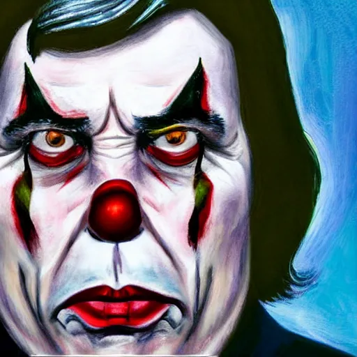 Image similar to a portrait of stephen king with clown makeup on