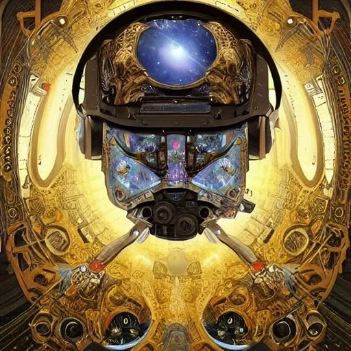 Image similar to portrait of military robot made with plasteel by Jeff Easley and Peter Elson + beautiful eyes, beautiful face + symmetry face + border and embellishments inspiried by alphonse mucha, fractals in the background, galaxy + baroque, gothic, surreal + highly detailed, intricate complexity, epic composition, magical atmosphere + masterpiece, award winning + trending on artstation