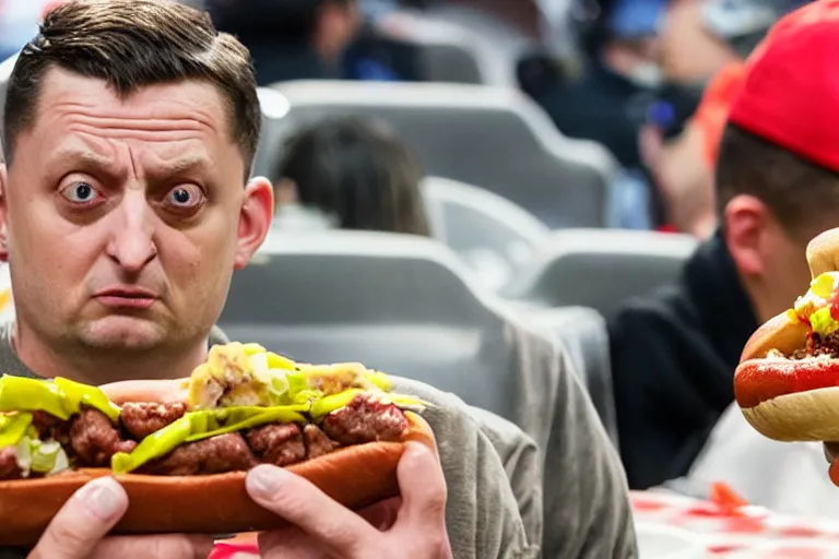 Image similar to Tim Robinson dejectedly contemplating a hotdog bowl, it's like a burrito bowl but with little bits of chopped up hotdog in it, thousand yard stare