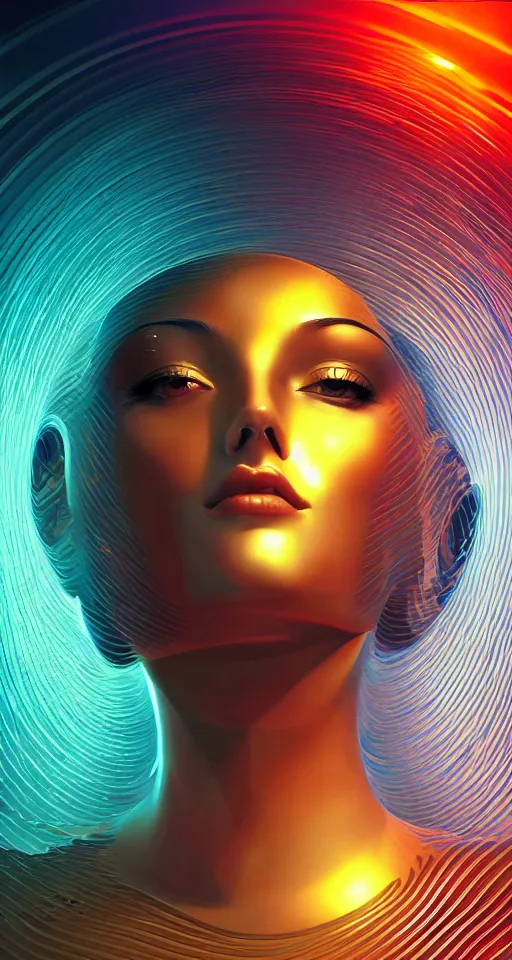 Image similar to art deco close up portait of head surrounded by spheres, like a dream digital painting curvalinear cinematic dramatic fluid lines otherworldly vaporwave interesting details epic composition by artgerm