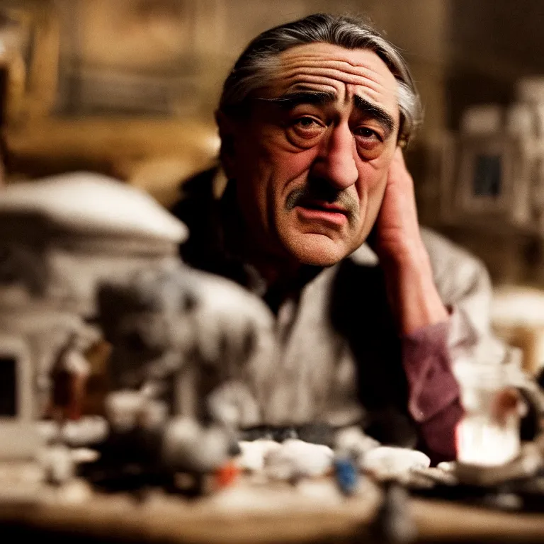 Image similar to a cinematic film still of a claymation stop motion film starring robert de niro, portrait, shallow depth of field, 8 0 mm, f 1. 8