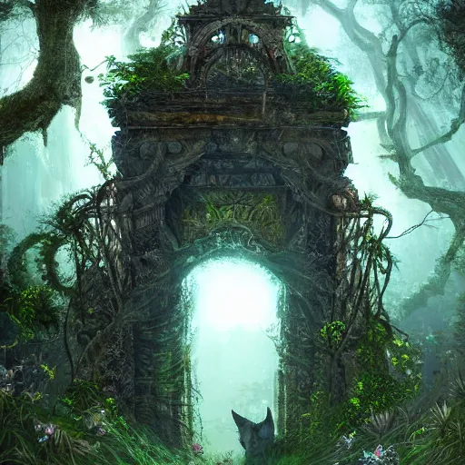 Image similar to ancient magical overgrown ruins, folkloric gates, mysetrious etherial mesmerizing eyes, extremely intricate, fantasy twilight lighting, hyper detailed, hd, masterpiece