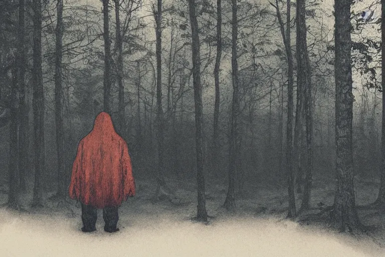 Image similar to a scary dark shadowlike man staring at you in a swedish forest, very low angle photograph, very detailed, trending on artstation, realistic, soft colors, illustration by john bauer, simon stålenhag, horror, creepy