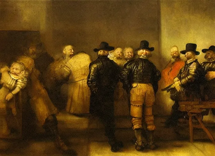 Prompt: men watching television. painting by rembrandt