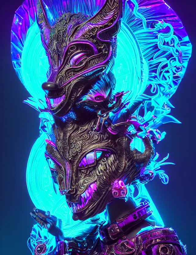 Image similar to 3 d goddess medium shot portrait with hyperdimensional totem implants. beautiful intricately detailed avante garde wolf mask and retrowave sorceress outfit. neon lizards, bio luminescent, water, plasma, creature, artwork by tooth wu and wlop and android jones and beetle and greg rutkowski