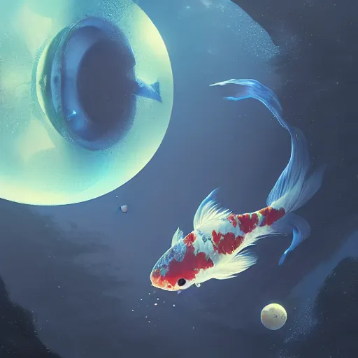 Image similar to a sphere aquarium with two cute koi fish. the aquarium is floating in space, in the size of a planet. the moon is seen in the background. illustration, realistic, by greg rutkowski and ash thorp, vivid colors, detailed, trending on artstation, high quality, cinematic