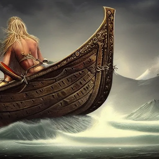 Image similar to fantasy art hyper realistic ai created interesting bizarre viking boat fantastic art award winning best ultra detailed magnificent