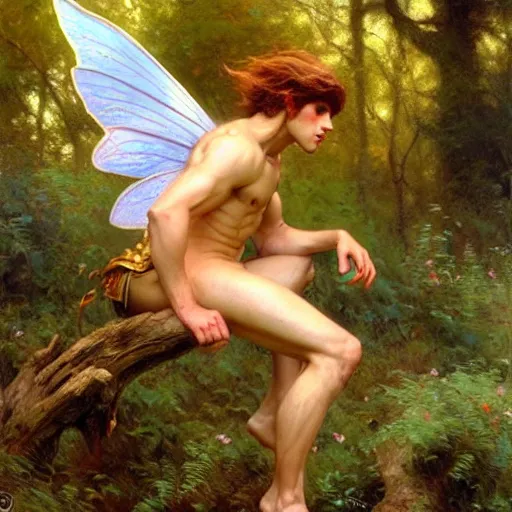 Image similar to attractive male fairy with wings in the forest, posing. highly detailed painting by gaston bussiere, craig mullins, j. c. leyendecker, 8 k