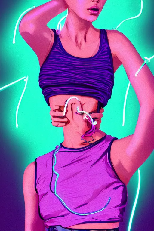 Image similar to a award winning half body portrait of a beautiful woman with stunning eyes in a croptop and cargo pants with ombre purple pink teal hairstyle and hands in pockets by thomas danthony, surrounded by whirling illuminated lines, outrun, vaporware, shaded flat illustration, digital art, trending on artstation, highly detailed, fine detail, intricate