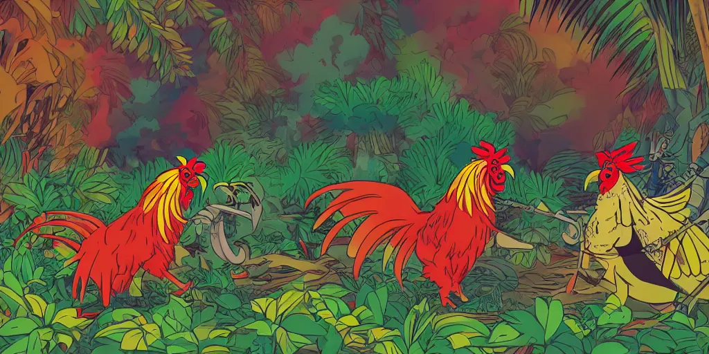 Prompt: colorful illustration of two fully armoured roosters fighting in a dense jungle, mix of styles, angry, aggressive, blood, studio ghibli color scheme