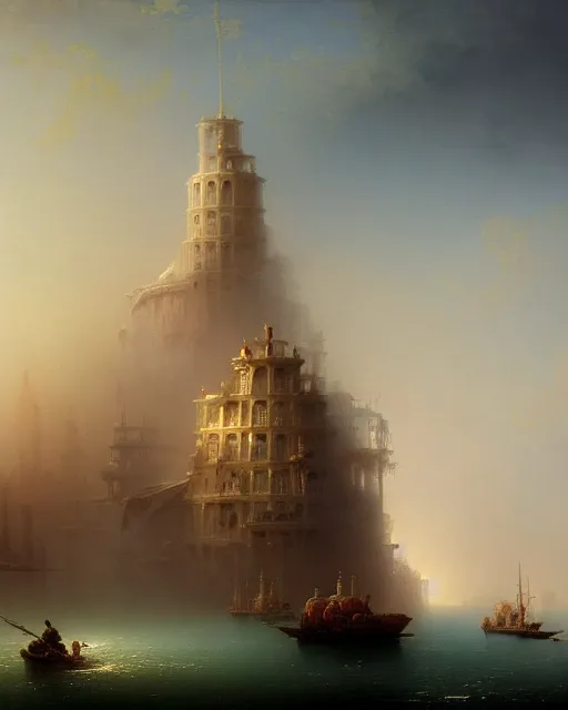 Prompt: unfinished building by ivan aivazovsky, steampunk poppy retro atlantis futuristic water biopunk gem cosmic, archdaily, wallpaper, highly detailed, trending on artstation.