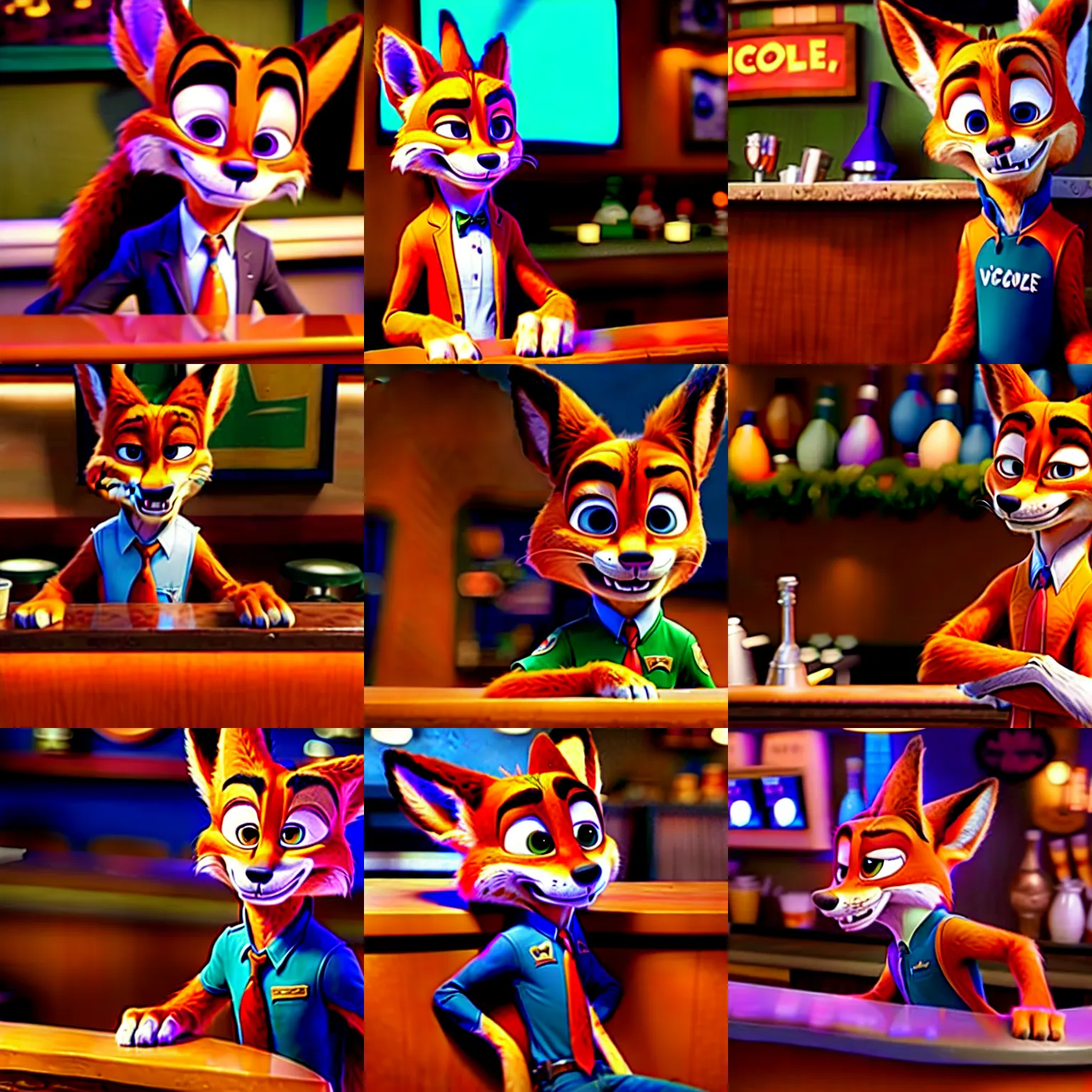 Image similar to Nick Wilde (from Zootopia) dressed in his usual outfit, sitting right across the bar from you.