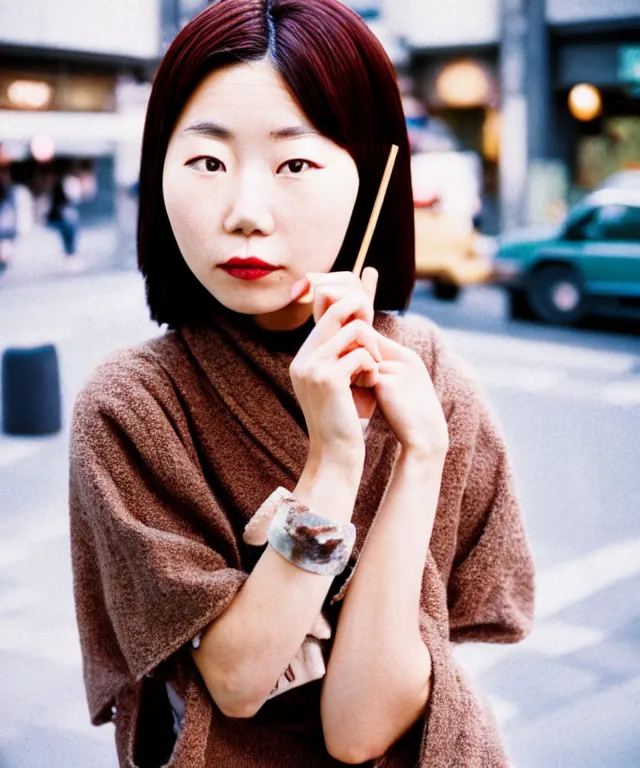 Prompt: a portrait, street photograph shot on cinestill 5 0 d, a cute japanese woman in nineties fashion with modest make up, hair dyed to a hazelnut brown, shot in shibuya tokyo on a 3 5 mm at f / 2. 8 and 1 / 1 2 0 0 shutter speed, print magazine quality, nostalgia, 8 k