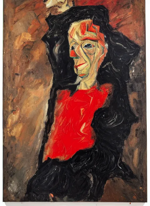 Image similar to an oil portrait of crooked meaty woman in a black fury coat and red dress, dark rich background, a sophisticated composition, in expressive style of Chaim Soutine and Frank Auerbach and Van Gogh, complimentary palette