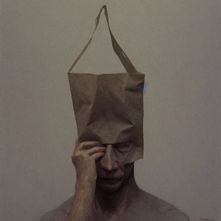 Image similar to man portrait with a paper bag over the head, highly detailed, artstation, art by zdislav beksinski, wayne barlowe, edward hopper