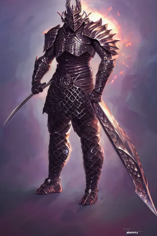 Image similar to Full body character concept art of an anime draconian warrior knight, iridescent scales, cool face, muscular, by Stanley Artgerm Lau, WLOP, Rossdraws, James Jean, Andrei Riabovitchev, Marc Simonetti, and Sakimichan, tranding on artstation