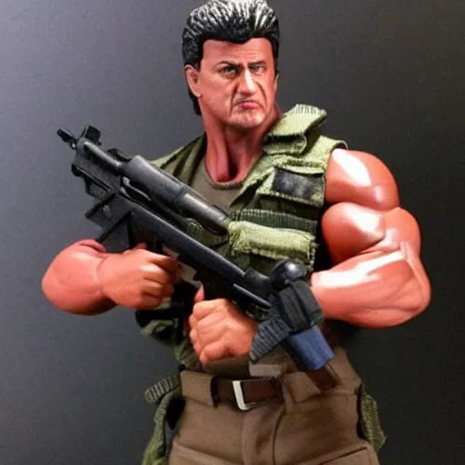 Image similar to 12 inch full body lifelike action figure of Stallone as Rambo. Big muscles. Holding a fully automatic rifle