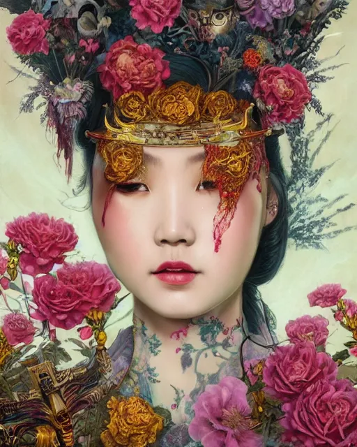 Image similar to portrait of the chinese queen of the underworld, surrounded by flowers by karol bak, james jean, tom bagshaw, rococo, sharp focus, trending on artstation, cinematic lighting, hyper realism, octane render, 8 k, hyper detailed.