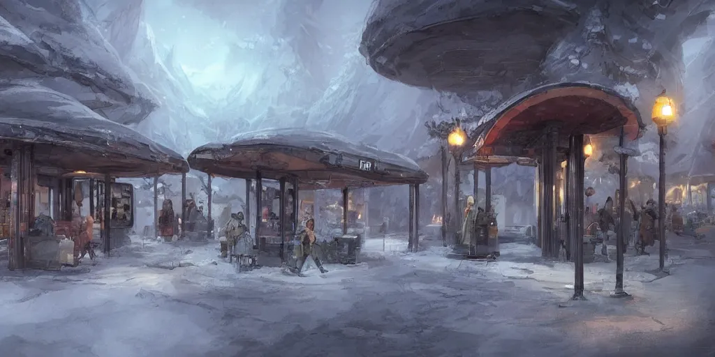 Prompt: concept art of a bus stop for the far north in style of marc simonetti