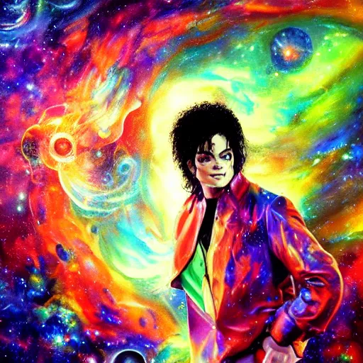 Image similar to painting of Michael Jackson posing in a cosmic scenic environment by Android Jones, trending on Artstation, hyperdetailed, beautiful, stars, planets, nebula, medium shot, mid-shot