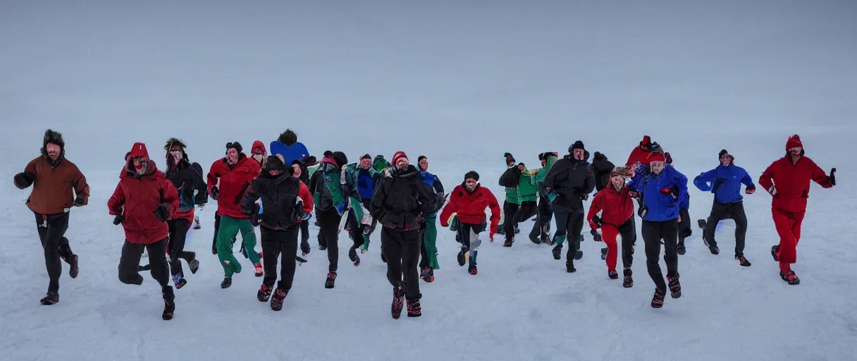 Prompt: a creepy backlit hyper detailed photo realistic vivid close up photograph of a group of six complete people in the snow at night in antarctica running through mcmurdo station base screaming oh my god