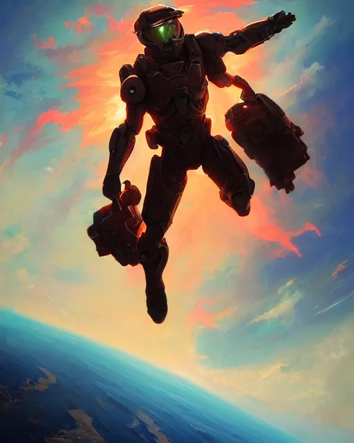 Image similar to Master chief skydiving, fiery, by pete mohrbacher and artgerm and wlop, digital art, highly detailed, intricate, fantasy, mystical, sharp focus, Trending on Artstation HQ, deviantart, unreal engine, 4K UHD image