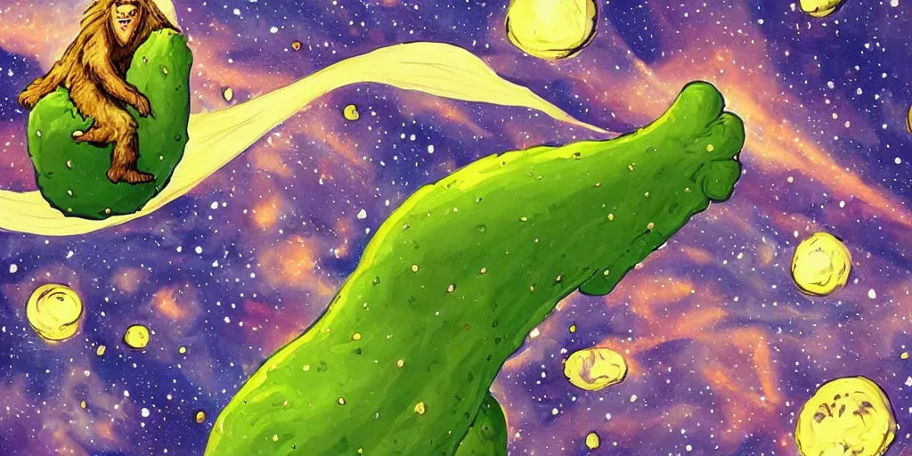 Image similar to Sasquatch riding a giant pickle in space, beautiful cosmic