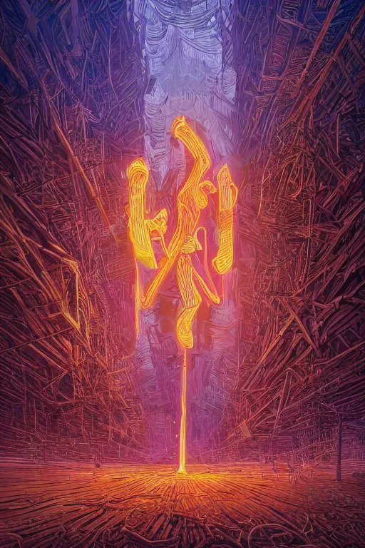 Image similar to a detailed digital neon illustration of the tall wooden burningman effigy in the style of dan mumford. maya render, greg rutkowski , psychedelic, fantasy, 8k, 3d render, intricate, symmetry, cinematic, hyper realism, high detail, 8k, iridescent accents