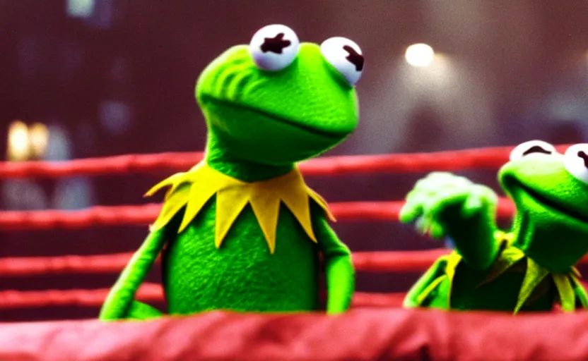 Image similar to the movie rocky except it's kermit the frog