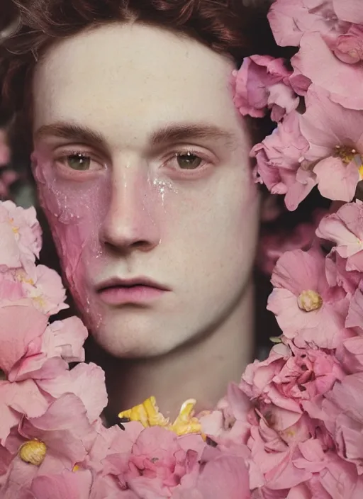 Image similar to Kodak Portra 400, 8K,ARTSTATION, Caroline Gariba, soft light, volumetric lighting, highly detailed, britt marling style 3/4 , extreme Close-up portrait photography of a Dorian Electra hiding in flowers how pre-Raphaelites with his eyes closed,inspired by Ophelia paint, his face is under water Pamukkale, raining, crying face above water in soapy bath tub, hair are intricate with highly detailed realistic , Realistic, Refined, Highly Detailed, interstellar outdoor soft pastel lighting colors scheme, outdoor fine photography, Hyper realistic, photo realistic