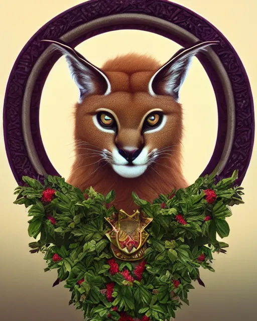 Image similar to a laurel wreath on top of a head of fluffy caracal, photography of kurzgesagt, no people, deep focus, d & d, intricate, elegant, highly detailed, digital painting, artstation, concept art, matte, sharp focus, illustration, hearthstone, art by artgerm and greg rutkowski and alphonse mucha