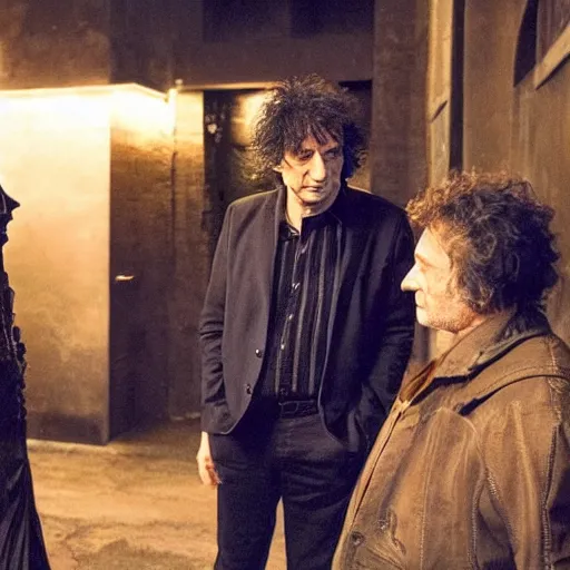 Image similar to a dramatic photograph of neil gaiman having a conversation with the sandman in a fantasy world, dramatic lighting, filmic, cinematographic, sci - fi