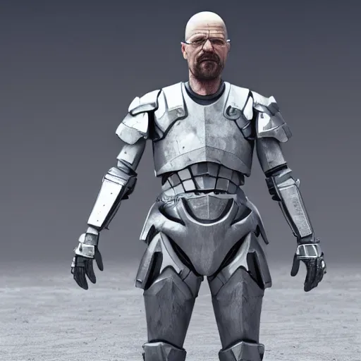 Image similar to Full body render of Walter White in futuristic battle armor with shields, 4k octane render, highly detailed