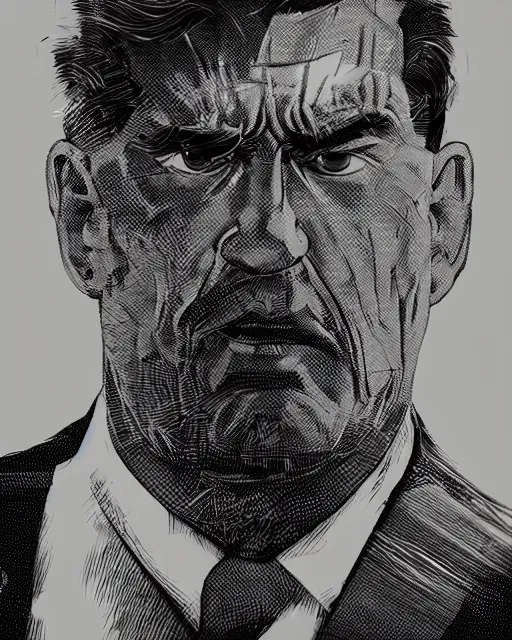 Prompt: closeup portrait an angry business man standing on a bridge, detailed illustration, digital art, trending on artstation, martin ansin,,