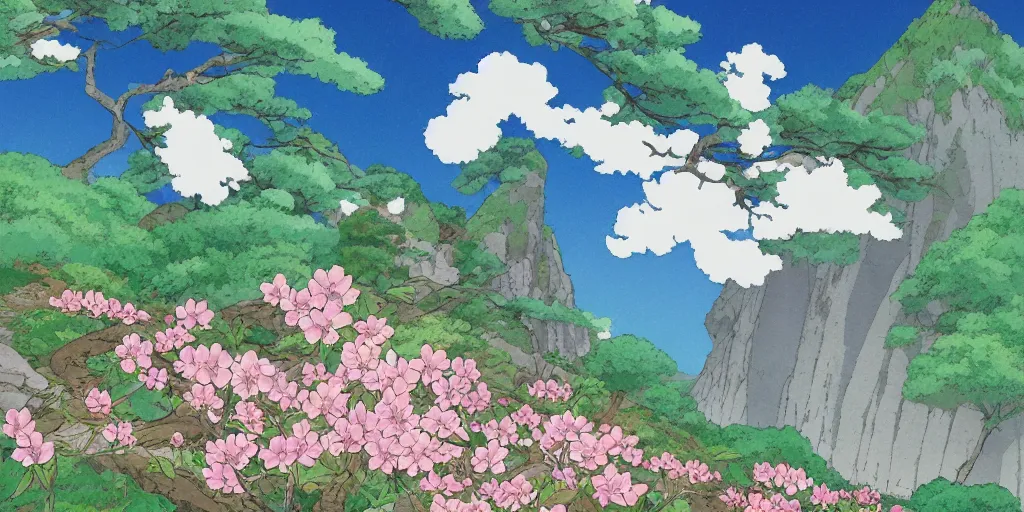 Image similar to sakura blossom in the mountains by studio ghibli