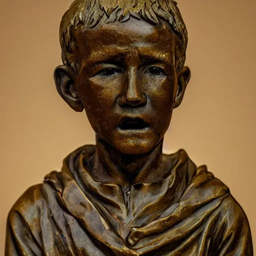 Prompt: high resolution photograph of a bronze cast sculpture of a sad peasant boy in the style of carl spitzweg in a roundabout-n 5