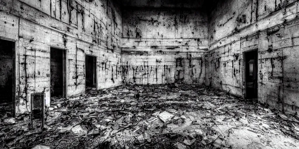 Prompt: abandoned prison with monsters, old photo, black and white, real