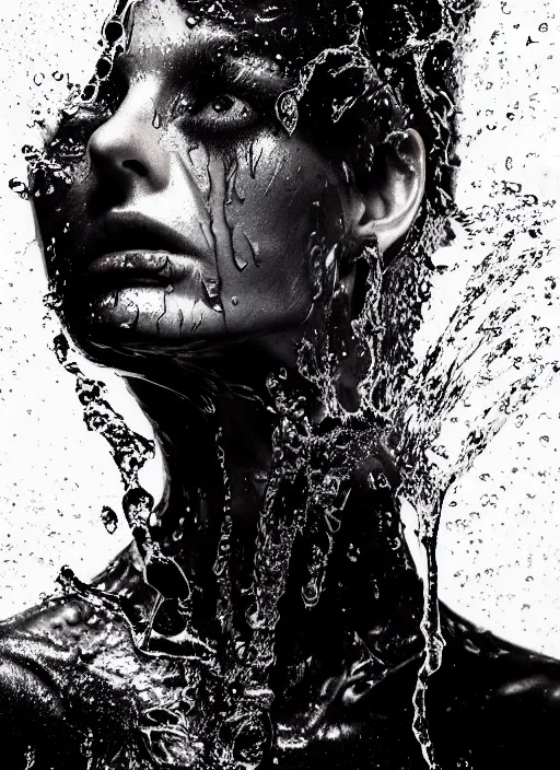 Image similar to fierce wet fashion model, in the style of irakli nadar, liquid metal top, effervescent, dark, brooding, poster art, high detail, hyperrealistic watercolor, deep mood, hyperrealism, 3 d, epic and cinematic, roger deakins on cinematography