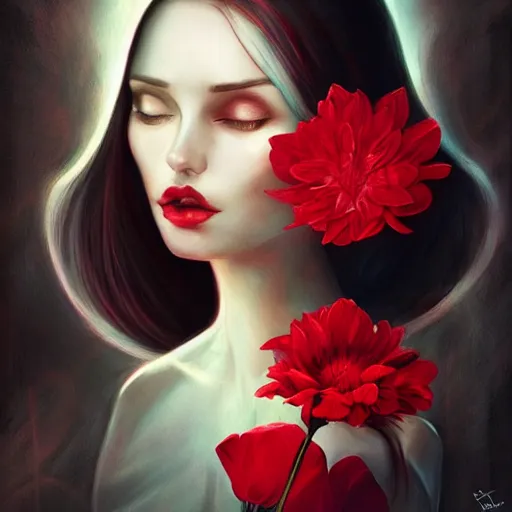 Prompt: a woman holding a red flower by anna dittmann