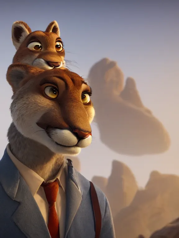 Prompt: a film still from the movie zootopia main character portrait anthro anthropomorphic mountain lion head animal person fursona wearing suit and tie pixar disney dreamworks animation sharp rendered in unreal engine 5 octane key art by greg rutkowski bloom dramatic lighting modeling expert masterpiece render