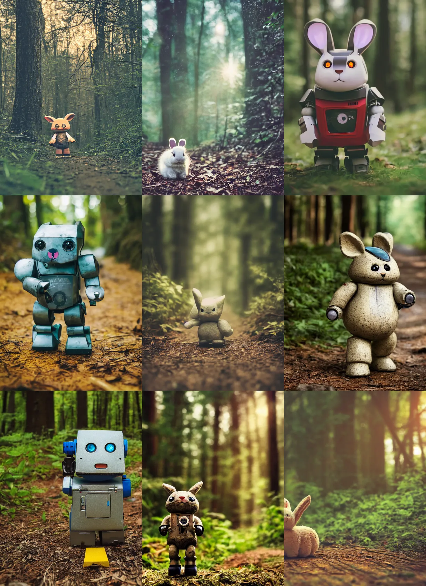 Prompt: a 3 5 mm photo from the front of a chubby cute rabbit mixed mecha mixed robot walking in the woods, splash art, movie still, bokeh, canon 5 0 mm, cinematic lighting, dramatic, film, photography, golden hour, depth of field, award - winning, anamorphic lens flare, 8 k, hyper detailed, 3 5 mm film grain