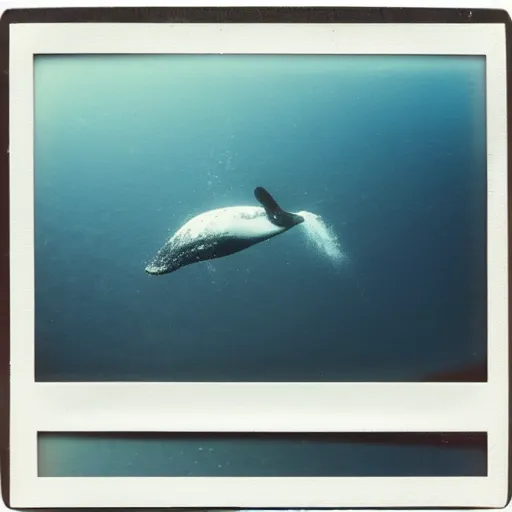 Image similar to a polaroid picture of a whale swimming under the sea, aquatic helicopters flying around the whale