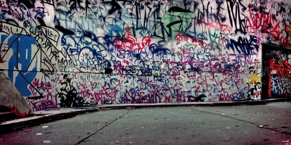 Image similar to under the bridge in new york, night, city lights, graffiti flop on the wall, skaters, coloured film photography, christopher morris photography, bruce davidson photography