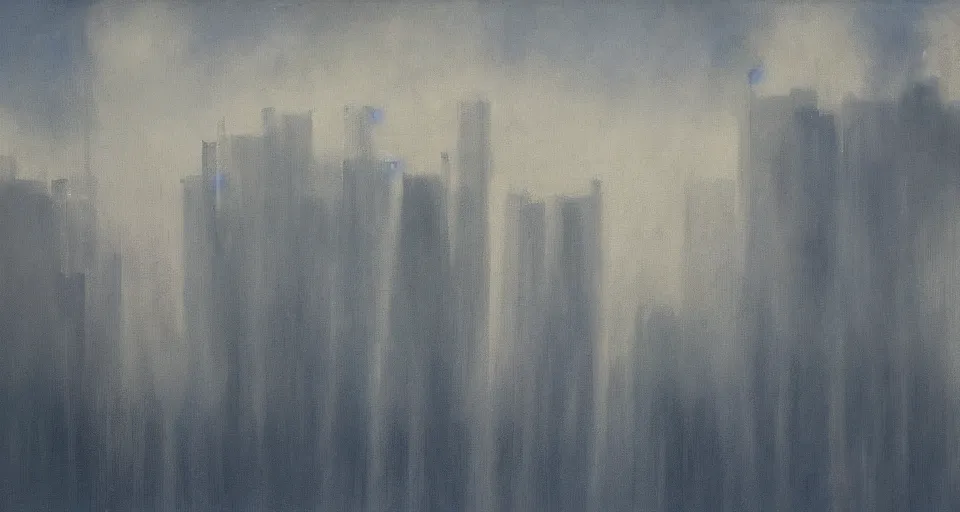 Image similar to world of only concrete, a flat endless plane of concrete covered in thin, very tall concrete pillars that go on to the horizon, vegetation retaking the world, open sky, blue sky with clouds, god rays, beautiful painting, oil on canvas, by Ewa Czarniecka, award winning masterpiece,