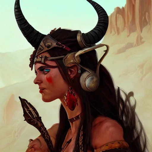 Prompt: portrait of a female berber barbarian tiefling with red skin, straight horns, black hair, ponytail, steel breastplate, in a desert, strong, fierce, fantasy, intricate, elegant, highly detailed, digital painting, artstation, concept art, character art, smooth, sharp focus, illustration, art by greg rutkowski and alphonse mucha