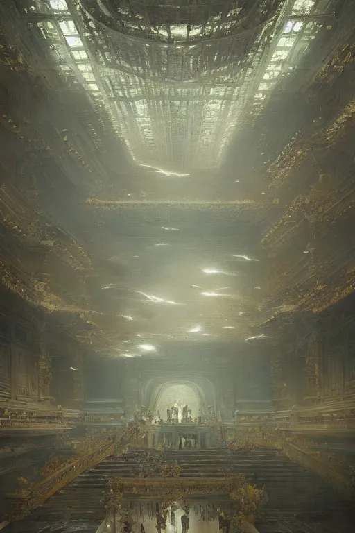 Image similar to inside of an imperial palace, powerfull, intricate, elegant, volumetric lighting, digital painting, highly detailed, artstation, sharp focus, illustration, concept art, ruan jia, steve mccurry